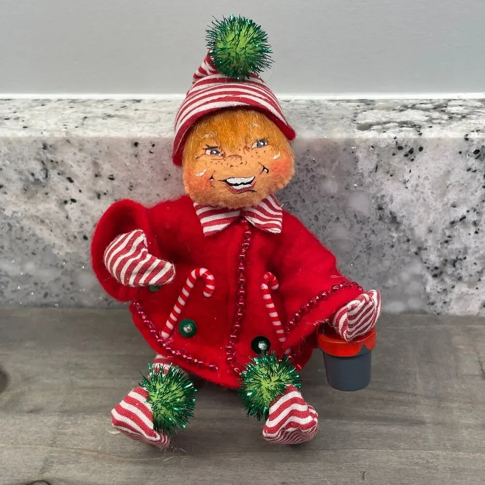 2006 Annalee Christmas Candy Cane Elf Festive Red Green Glitter Pompoms 5